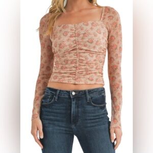 All In Favor Floral Ruched Mesh Top